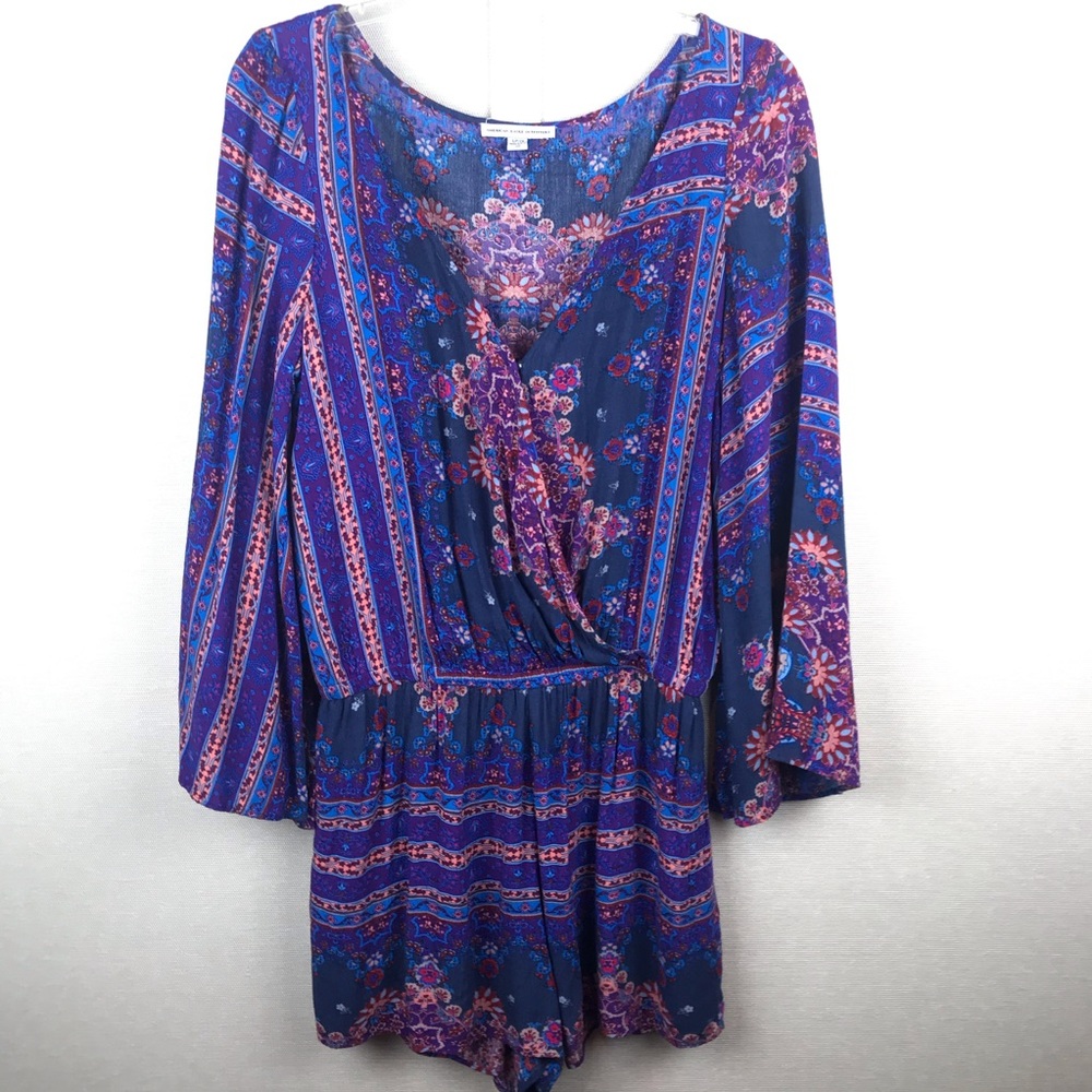 American Eagle Purple Cross Front Bell Sleeve Boho Romper S